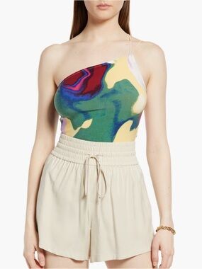 One-Shoulder Abstract Print Bodysuit in Multicolor